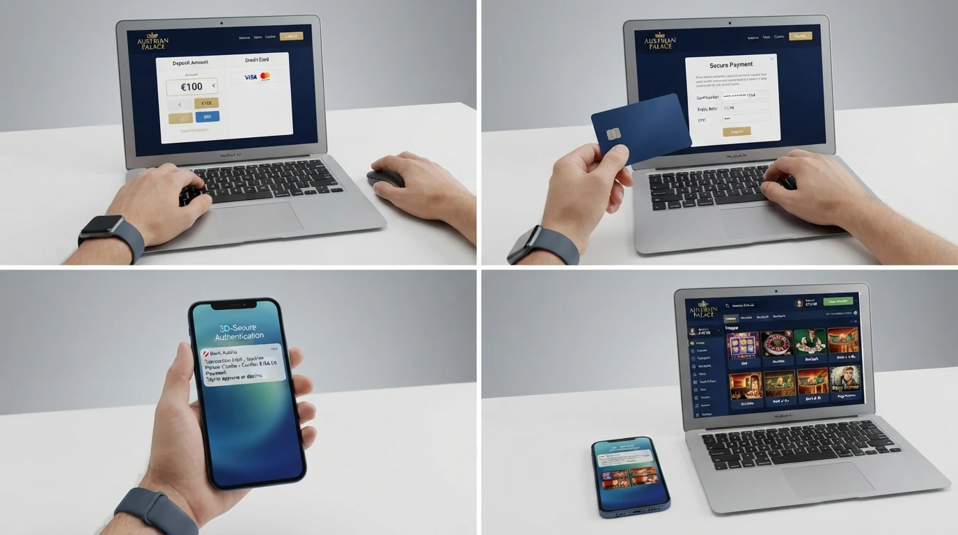 Bildschirmdarstellung der vier Schritte einer Kreditkarten-Einzahlung: Betrag wählen, Kartendaten eingeben, 3D-Secure-Bestätigung per Smartphone, Spielbereitschaft