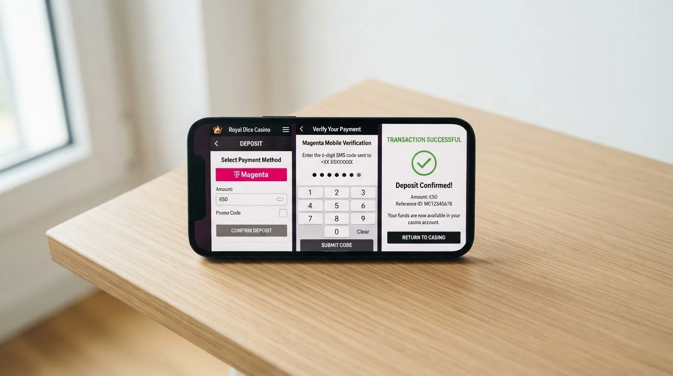 Drei aufeinanderfolgende Smartphone-Screens: Casino-Kasse mit Magenta-Auswahl, Betragseingabe, SMS-Code-Eingabefeld