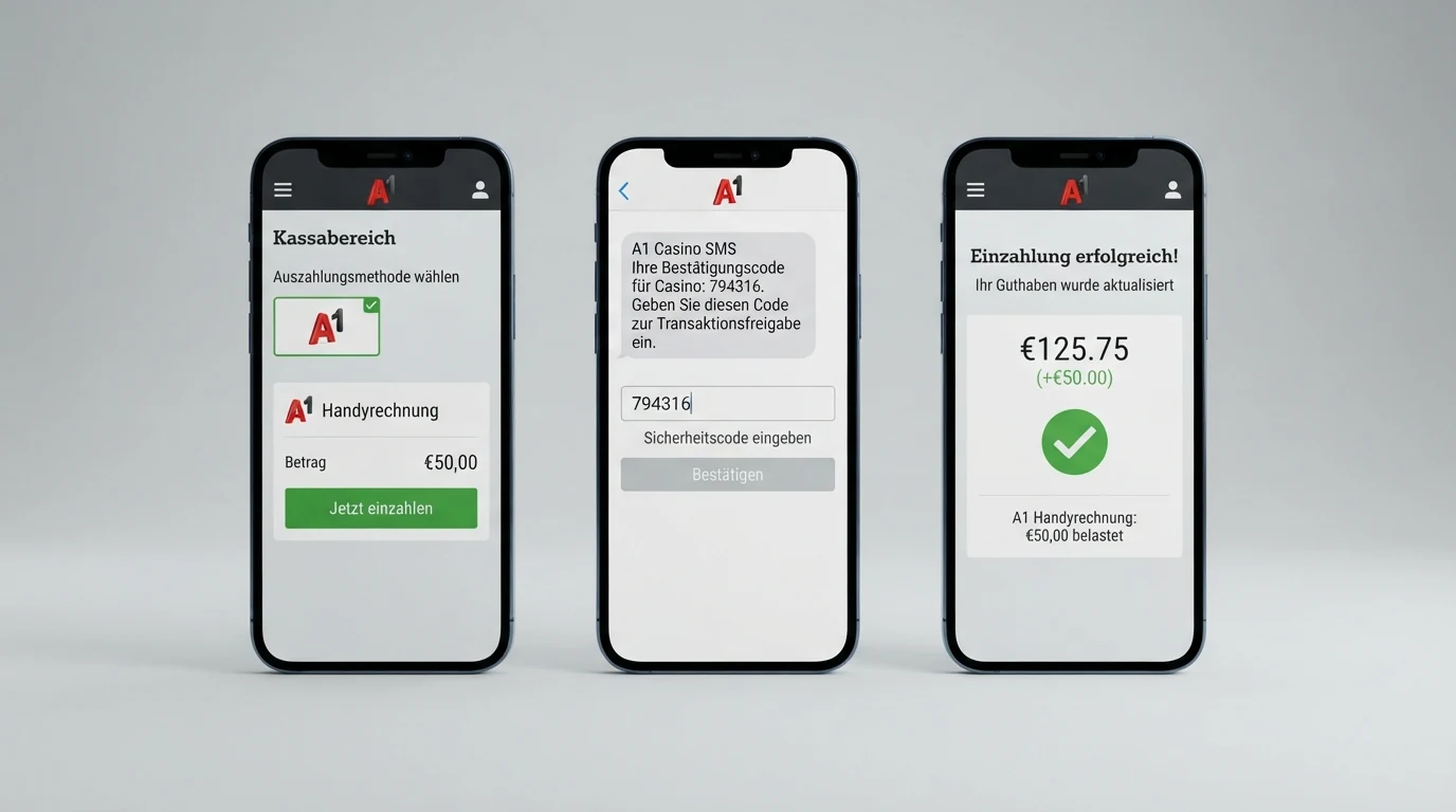 Dreischrittige Infografik: Casino-Kasse → SMS-Verifizierung auf dem Handy → Spielguthaben mit grünem Haken