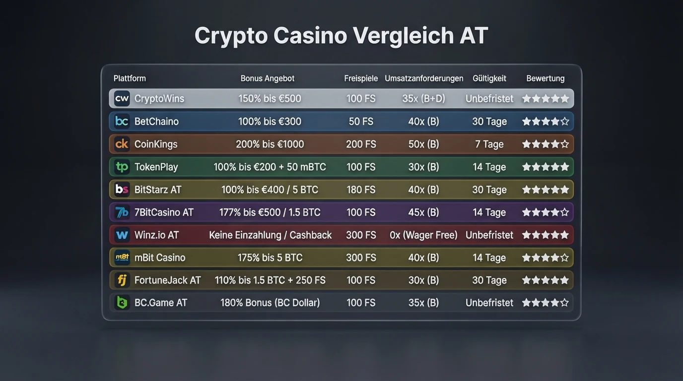 Eine illustrierte Vergleichstabelle mit zehn Zeilen — jede repräsentiert einen der geprüften Ethereum Casinos, mit farblich abgesetzten Spalten für Bonus, Freispiele, Umsatzbedingung und Gültigkeit