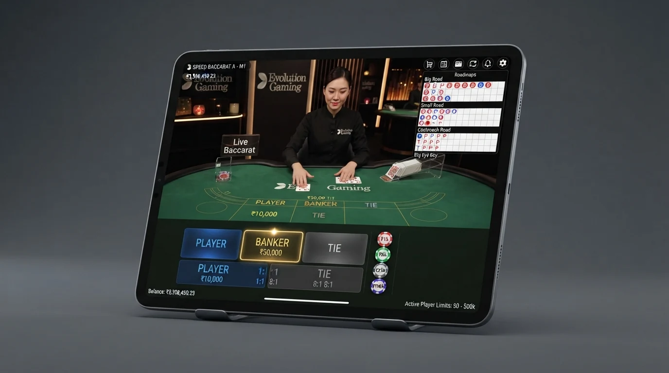 Benutzeroberfläche eines Live-Baccarat-Tisches von Evolution Gaming mit Einsatz-Chips, Video-Stream-Fenster und Gewinn-Anzeige