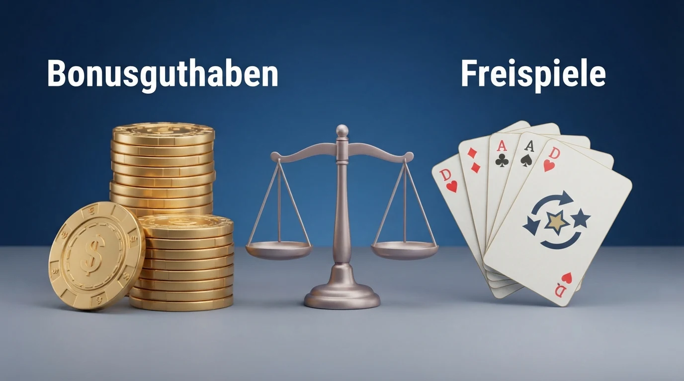 Zwei Stapel: links goldene Münzen mit „Bonusguthaben“-Label, rechts Spielkarten mit „Freispiele“-Label, mittig ein Vergleichssymbol