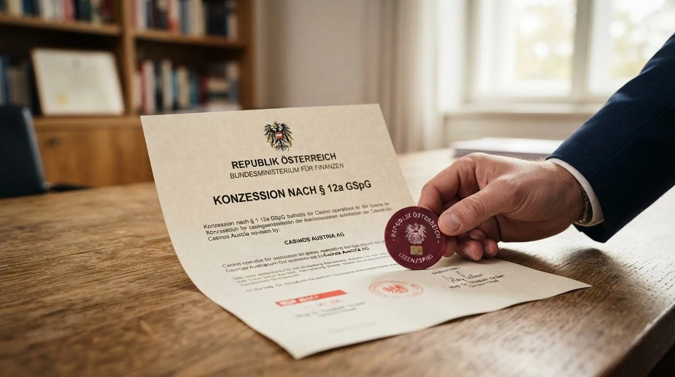 Offizielles Dokument mit österreichischem Bundesadler und dem Schriftzug „Konzession nach § 12a GSpG“