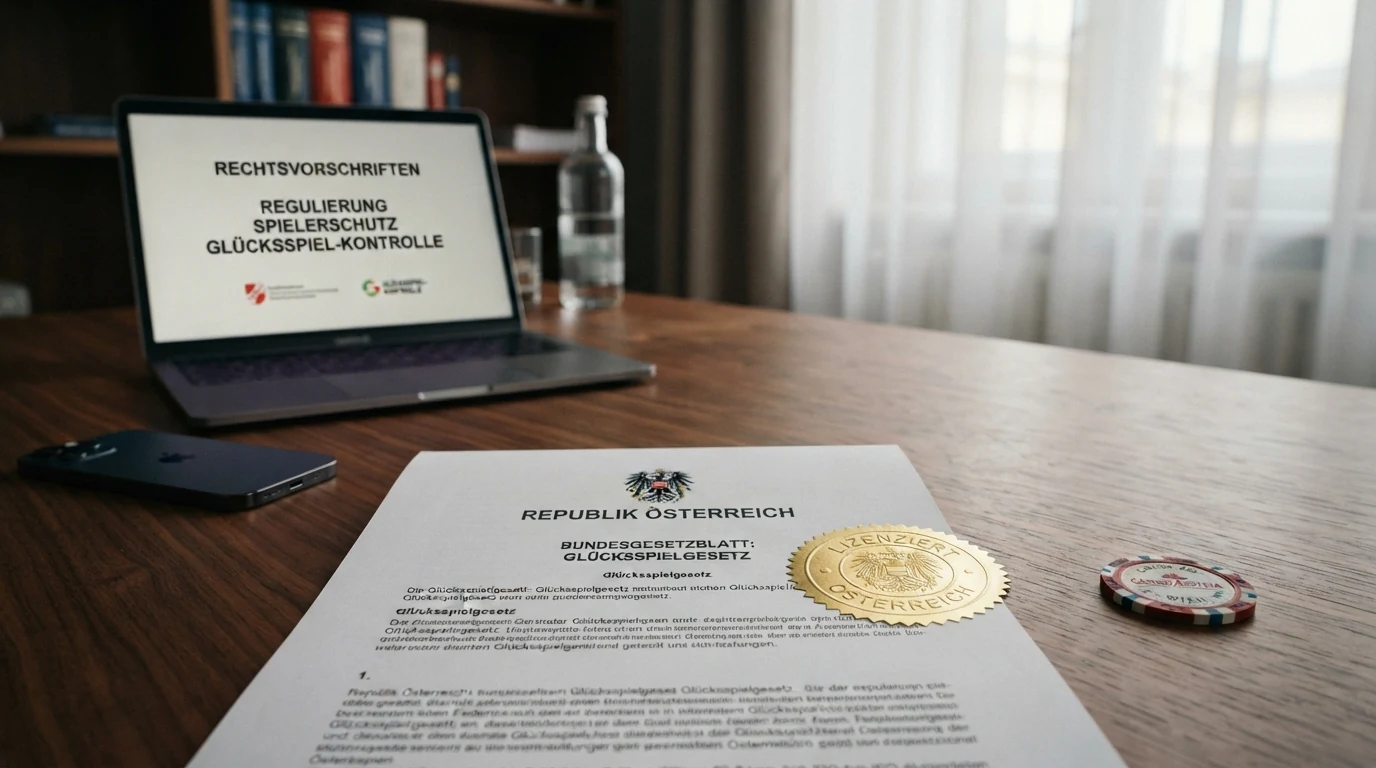 Offizielles Dokument mit dem österreichischen Bundesadler und der Aufschrift Glücksspielgesetz auf einem Schreibtisch