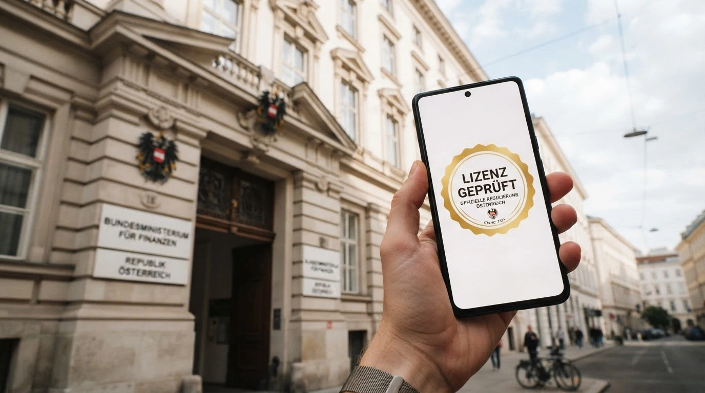 Das Gebäude des Bundesministeriums für Finanzen in Wien, eingeblendet ein Paragrafenzeichen mit dem Text „GSpG“ und eine stilisierte Waage als Symbol für Rechtsprechung