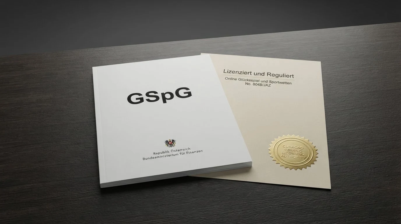 Nahaufnahme eines österreichischen Gesetzestextes (GSpG) neben einer Curaçao-Lizenzurkunde auf einem Schreibtisch