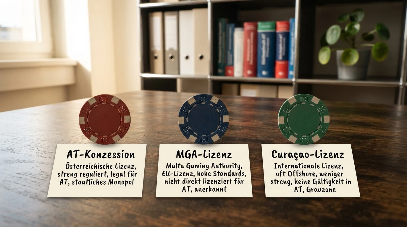 Schaubild der drei relevanten Lizenztypen AT-Konzession, MGA-Lizenz und Curaçao-Lizenz mit ihren Merkmalen