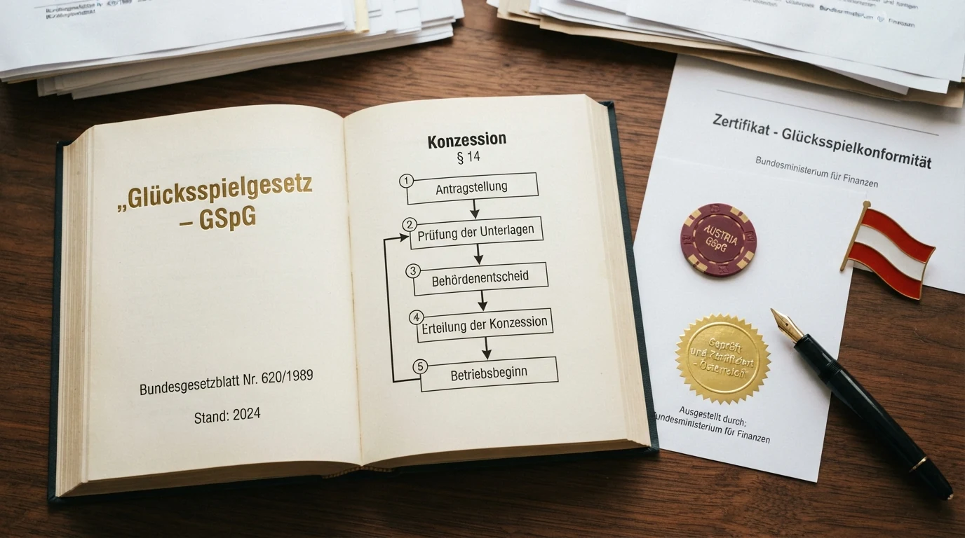 Ein aufgeschlagenes Gesetzbuch mit dem Titel „Glücksspielgesetz — GSpG“ vor einer stilisierten Österreich-Flagge, daneben das BMF-Logo