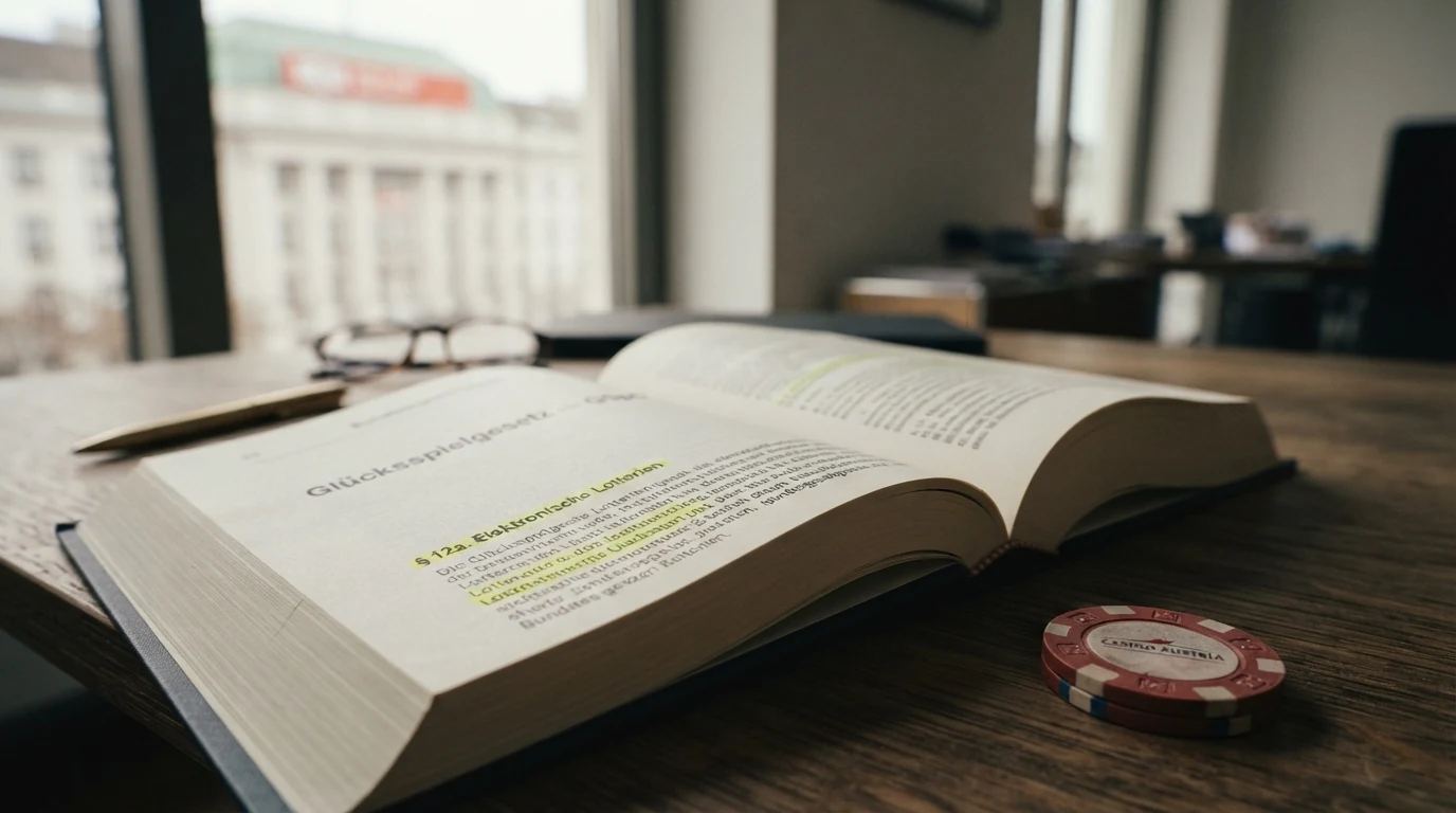 Ein aufgeschlagenes Gesetzbuch mit sichtbarem „Glücksspielgesetz — GSpG“-Titel und markiertem §12a, im Hintergrund das BMF-Gebäude in Wien angedeutet