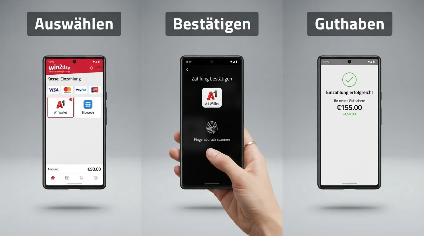 Dreistufige Darstellung des Einzahlungsvorgangs: Casino-Kassenbereich mit Google-Pay-Auswahl, biometrische Bestätigung, Spielguthaben-Bestätigung auf dem Casino-Konto