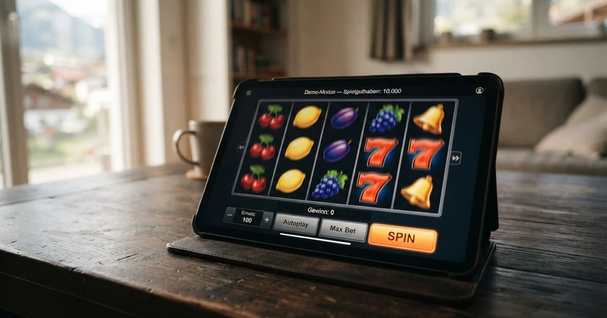 Mehrere leuchtende Slot-Walzen mit Fruchtsymbolen auf einem Tablet-Bildschirm, im Vordergrund die Einblendung „Demo-Modus — Spielguthaben: 10.000“