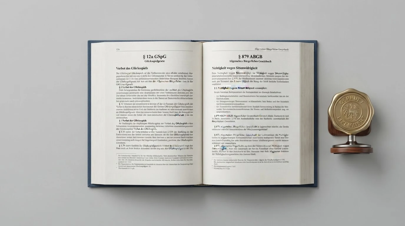 Ein aufgeschlagenes Gesetzesbuch mit dem österreichischen Bundeswappen, daneben die Paragrafenzeichen § 879 ABGB und § 12a GSpG