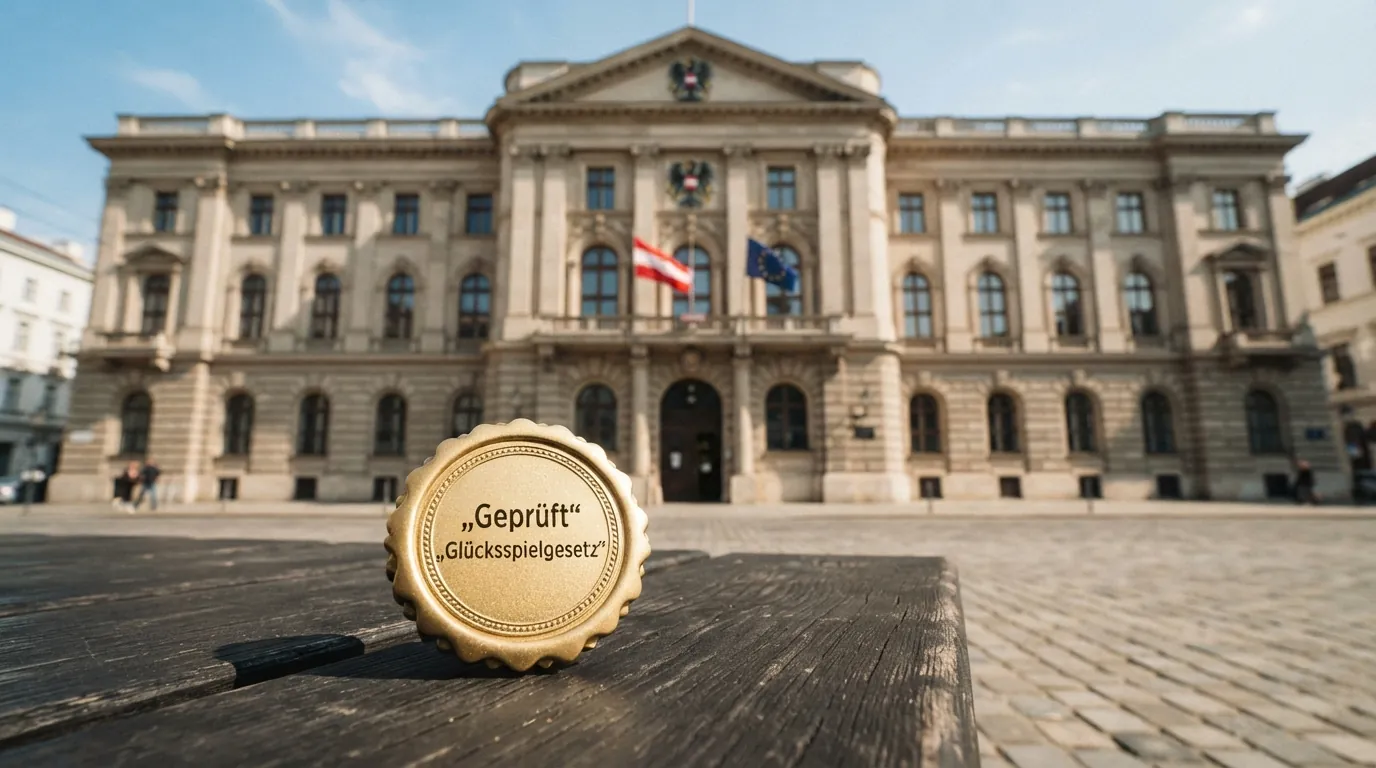 Das offizielle Gebäude des Bundesministeriums für Finanzen in Wien, darunter das Logo des Glücksspielgesetzes (GSpG)