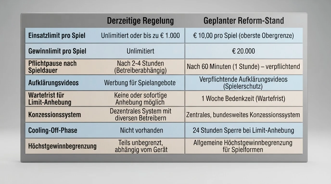 Eine tabellarische Gegenüberstellung der aktuellen GSpG-Regelungen und der geplanten Reform-Änderungen mit Einsatzlimit 5 Euro 90-Minuten-Pause und offenem Konzessionssystem