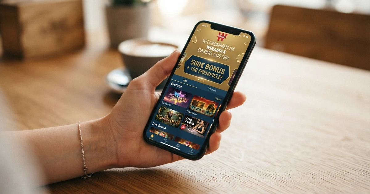 Smartphone mit geöffneter Casino-App und sichtbarem Bonus-Willkommensbildschirm in der Hand eines Nutzers
