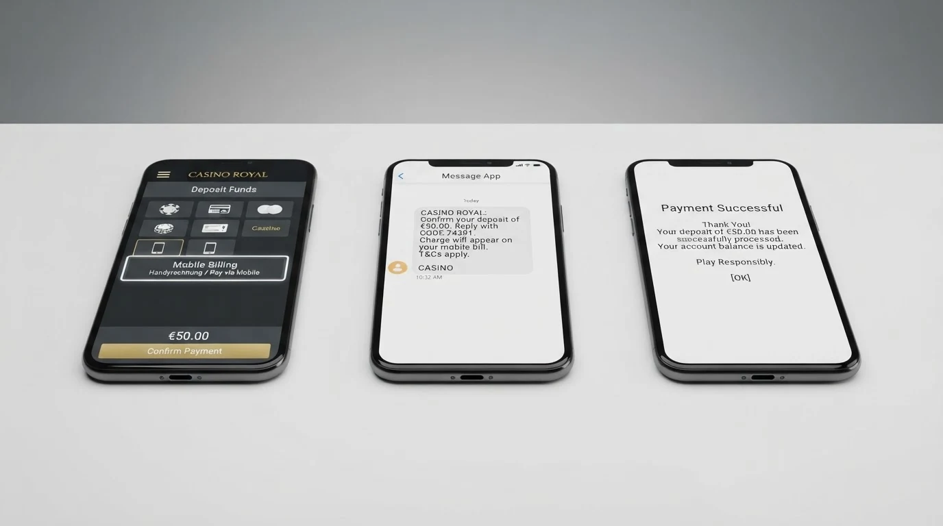 Schematische Darstellung des Einzahlungsvorgangs: Casino-Bildschirm mit Handyrechnung-Auswahl, SMS-Bestätigung auf dem Smartphone, Bestätigung der Gutschrift