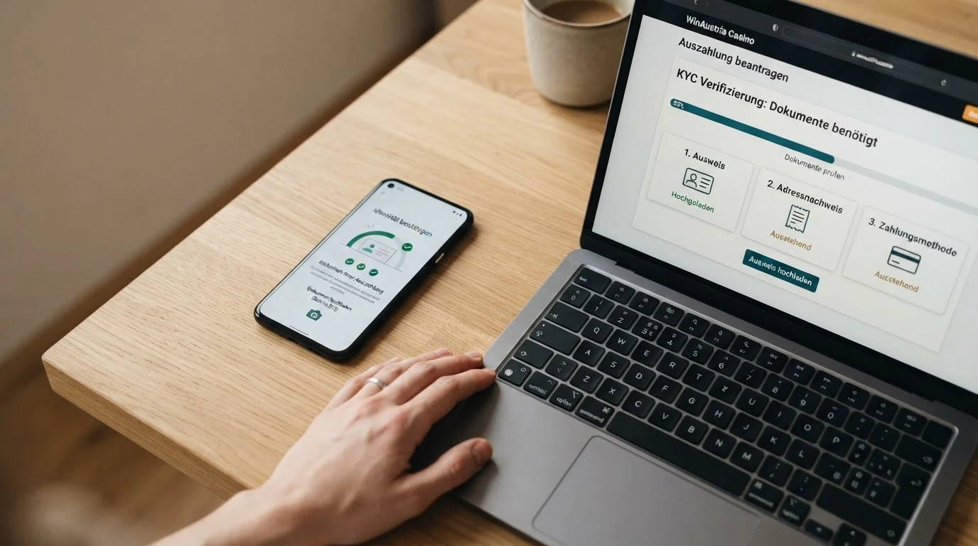 Ein Smartphone-Bildschirm mit geöffneter Ausweis-App neben einem Laptop, der den Upload-Status einer KYC-Prüfung anzeigt, umgeben von Symbolen für Ausweis, Adressnachweis und Zahlungsmethode