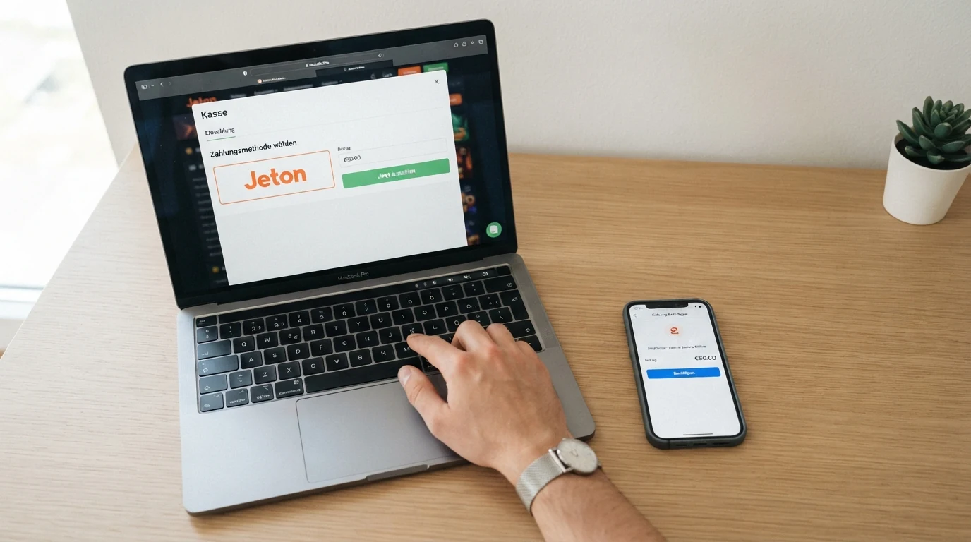 Schema-Darstellung des Jeton-Einzahlungsprozesses: Casino-Kasse → Jeton-Login → Bestätigung → Spielguthaben