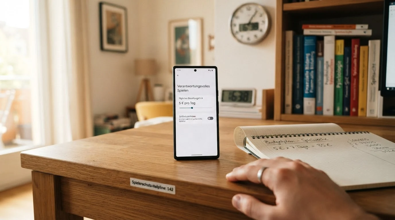Ein Smartphone-Display mit den Einstellungen für Einzahlungslimits und Zeitbeschränkungen, daneben die Rufnummer 142 der Spielsuchthilfe
