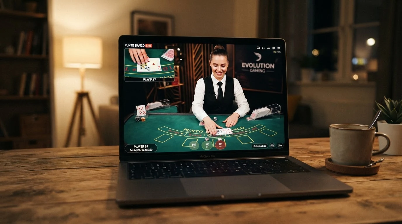 Live-Croupier an einem Punto-Banco-Tisch, übertragen per Mehrkamera-Stream auf einen Computerbildschirm