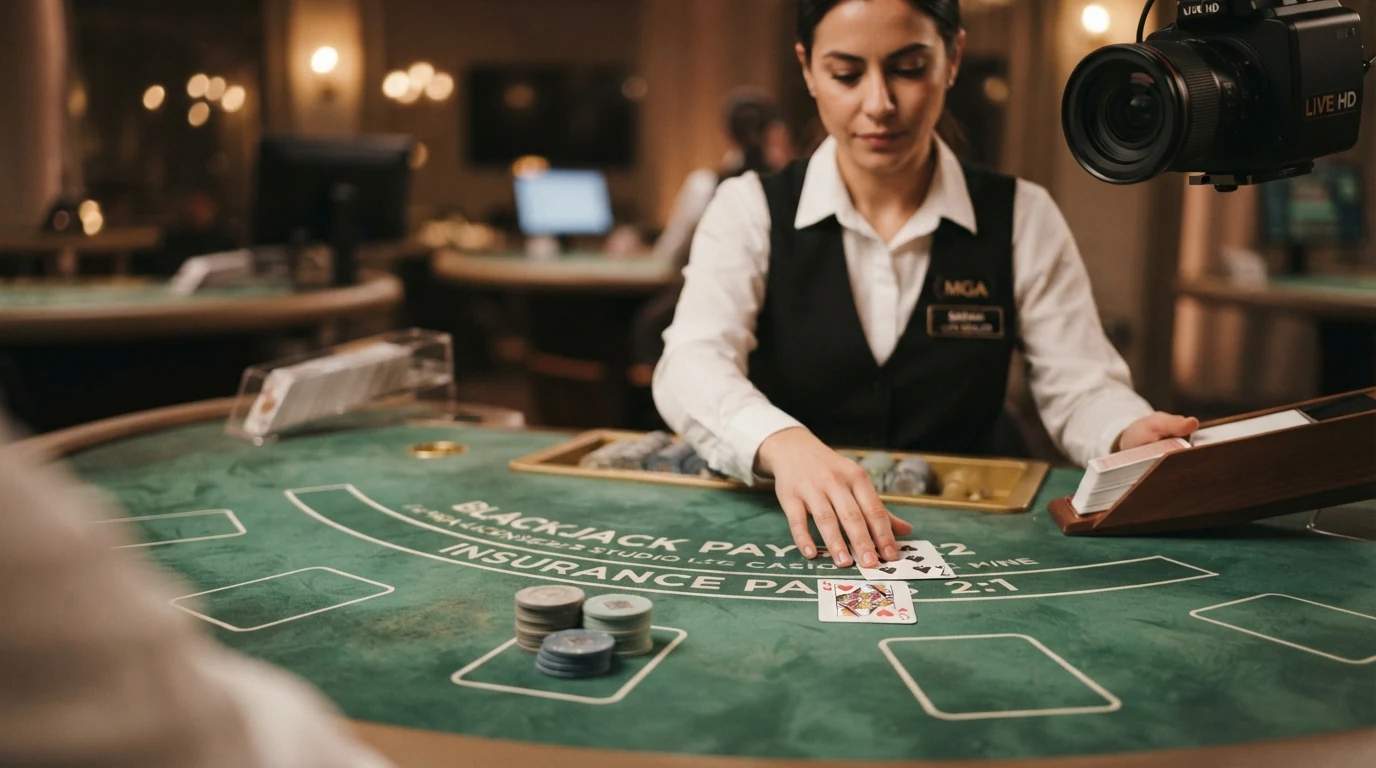 Ein Live-Dealer-Tisch mit Blackjack-Layout, die Kamera zeigt die Karten und den Dealer aus der Spielerperspektive