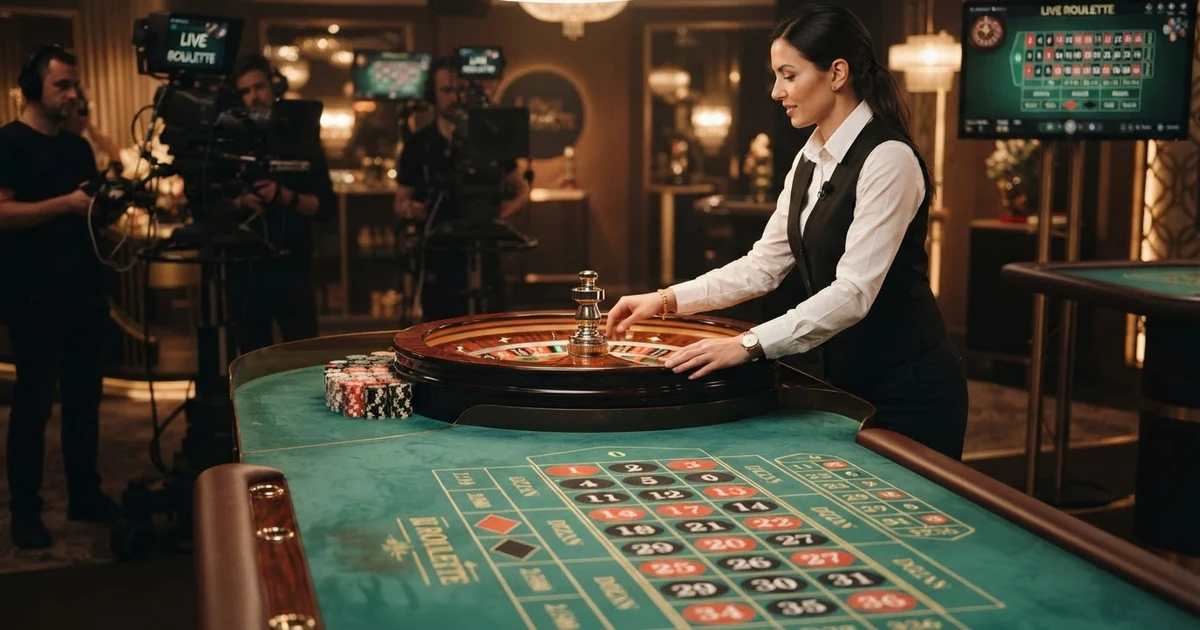 Ein Live-Roulette-Studio mit deutschsprachigem Croupier am Tisch, im Hintergrund das europäische Roulette-Rad und Multi-Kamera-Aufbau.