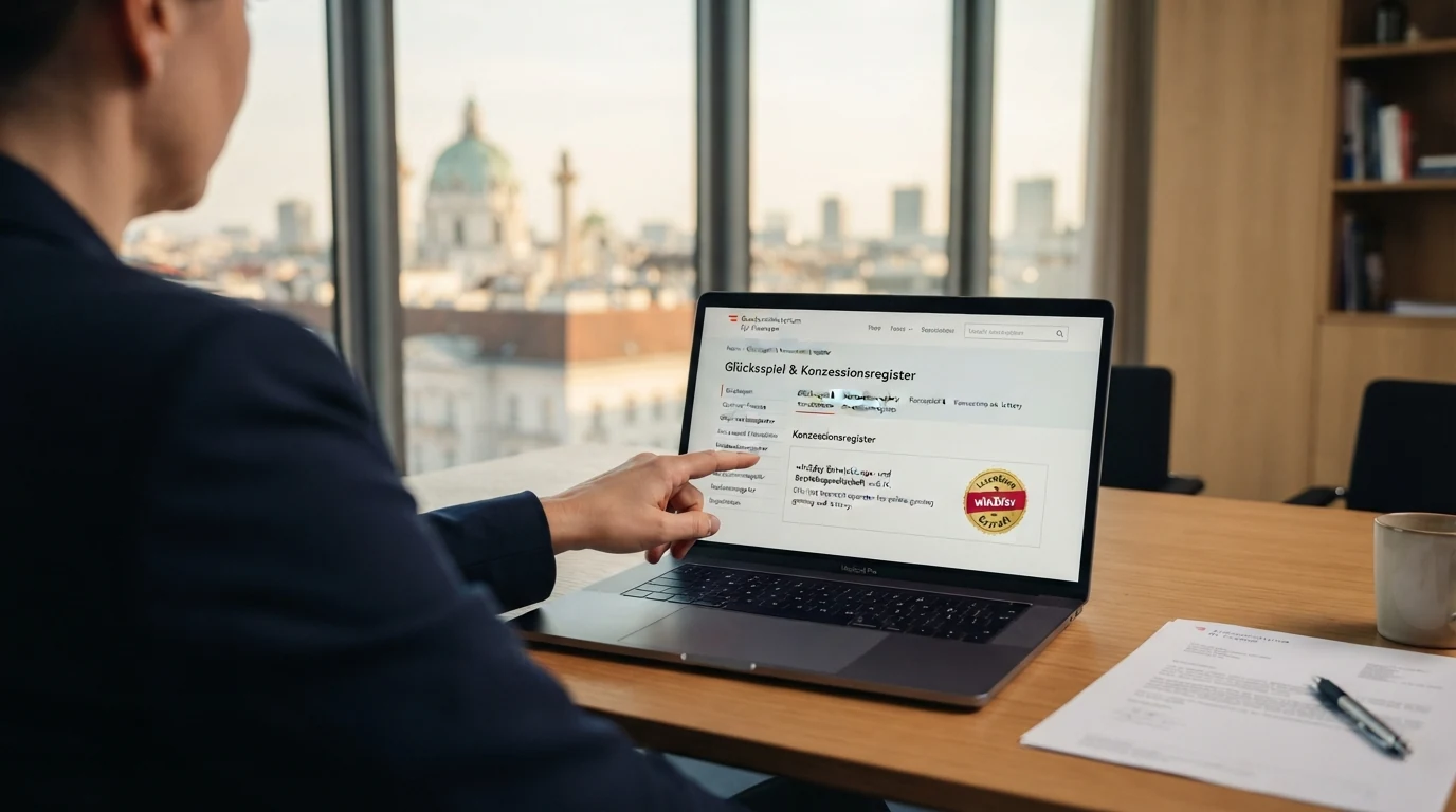 Das Gebäude des Bundesministeriums für Finanzen in Wien, eingeblendet das offizielle Konzessionsregister mit dem einzigen Eintrag win2day