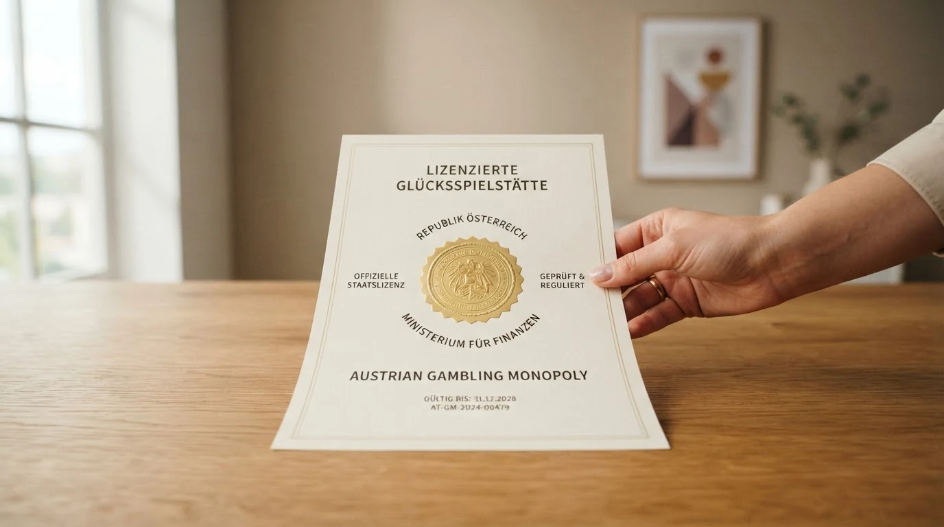 Offizielles Glücksspiel-Lizenzdokument mit österreichischem Wappen und Gesetzestext des GSpG