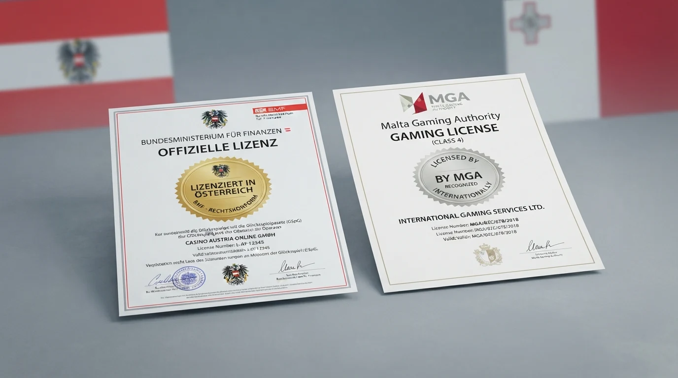 Eine Gegenüberstellung: offizielles BMF-Dokument zur Glücksspiel-Konzession auf der einen Seite, MGA-Lizenz-Logo auf der anderen