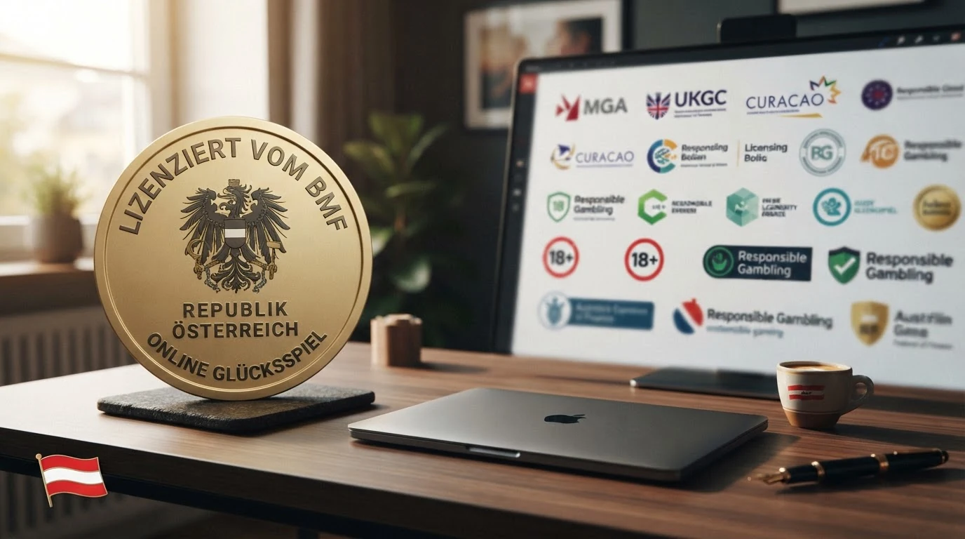 Nebeneinander: links das win2day-Logo mit dem offiziellen BMF-Konzessionsvermerk, rechts die Logos ausländischer Lizenzgeber (MGA, Gibraltar) mit dem Zusatz „Keine österreichische Konzession“.
