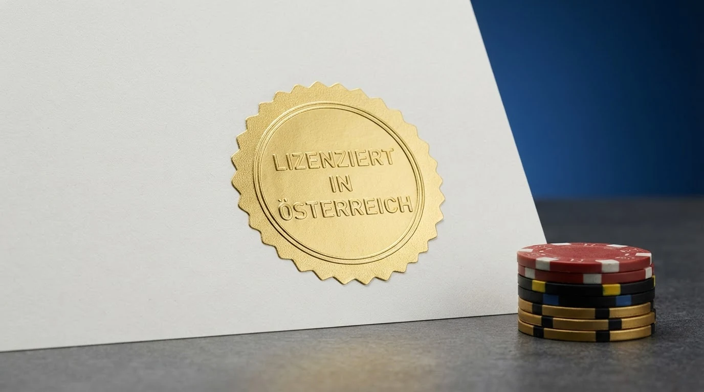 Offizielle Glücksspiel-Lizenzsiegel und Zertifikate neben einer roten Warnmarkierung für nicht in Österreich autorisierte Anbieter