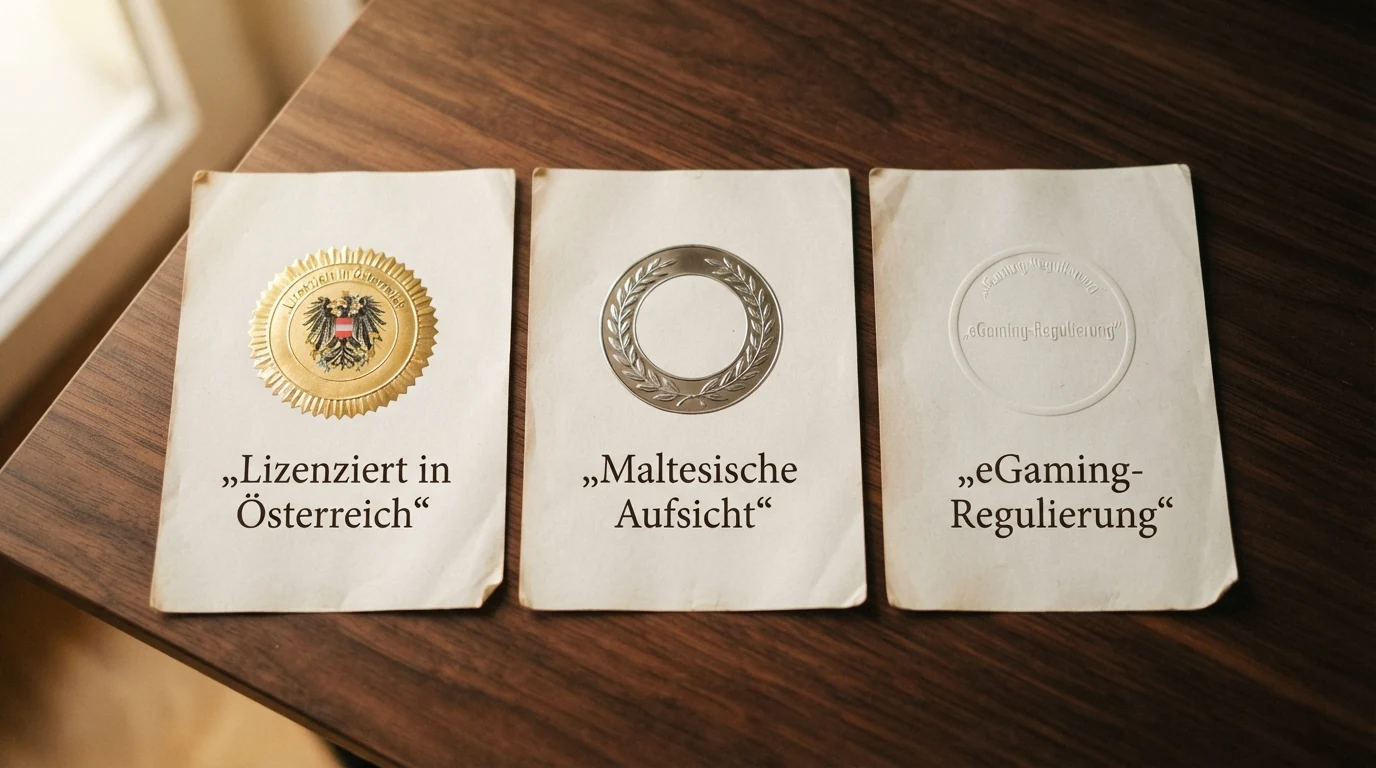 Drei Lizenzsiegel nebeneinander — österreichisches BMF-Wappen, MGA-Logo aus Malta und Curaçao-eGaming-Siegel — mit einem roten Haken nur beim BMF-Wappen