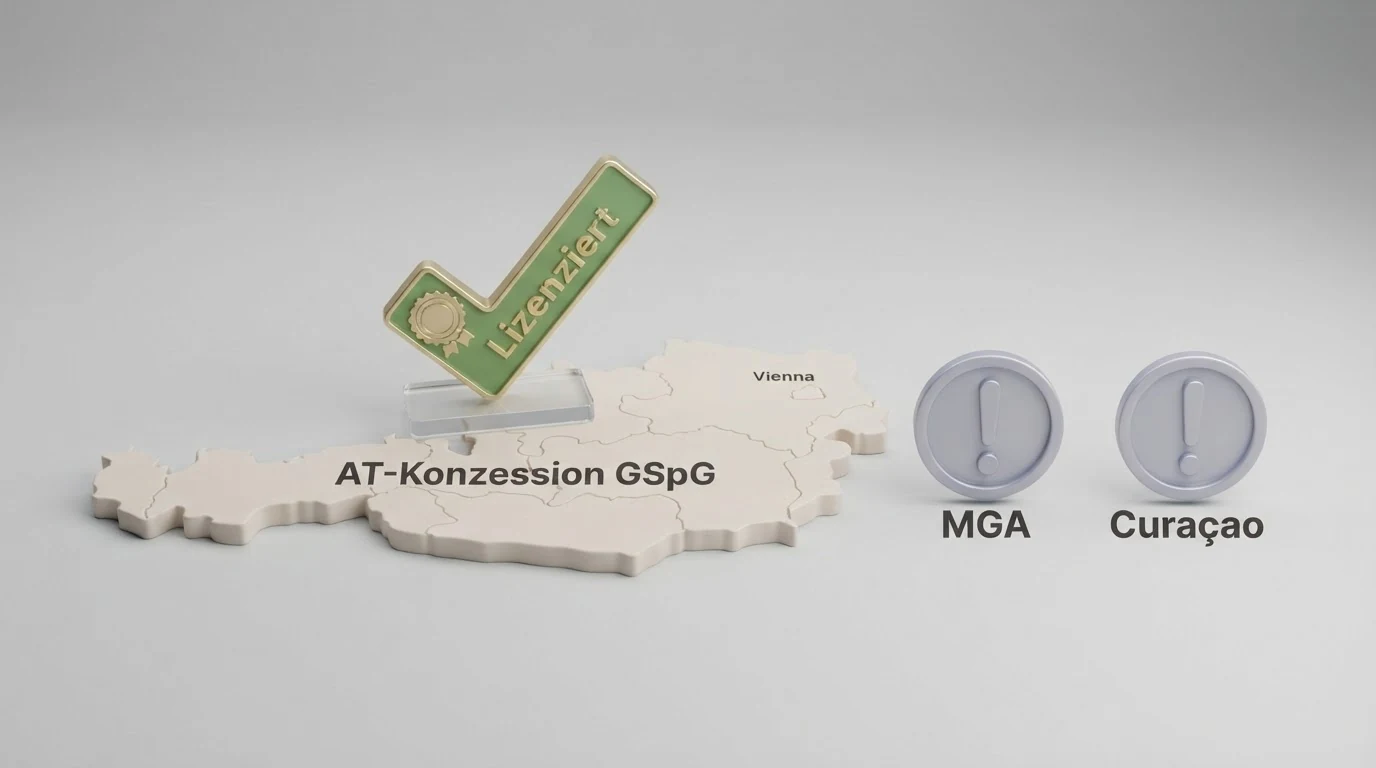 Stilisierte Österreich-Karte mit einem Haken-Symbol über „AT-Konzession GSpG“ und einem Warnsymbol über „MGA“ und „Curaçao“ daneben