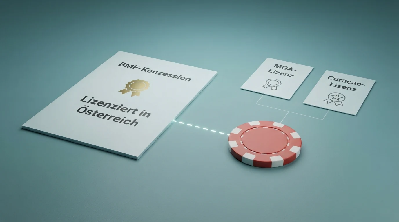 Grafische Gegenüberstellung: win2day mit BMF-Konzessionssiegel links, MGA- und Curaçao-lizenzierte Anbieter rechts — verbunden durch eine gestrichelte Linie mit dem Hinweis „Keine Gültigkeit in Österreich“