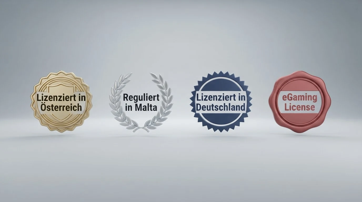 Vier Logos oder Symbole für Glücksspiellizenzen: BMF Österreich, MGA Malta, GGL Deutschland und Curaçao eGaming