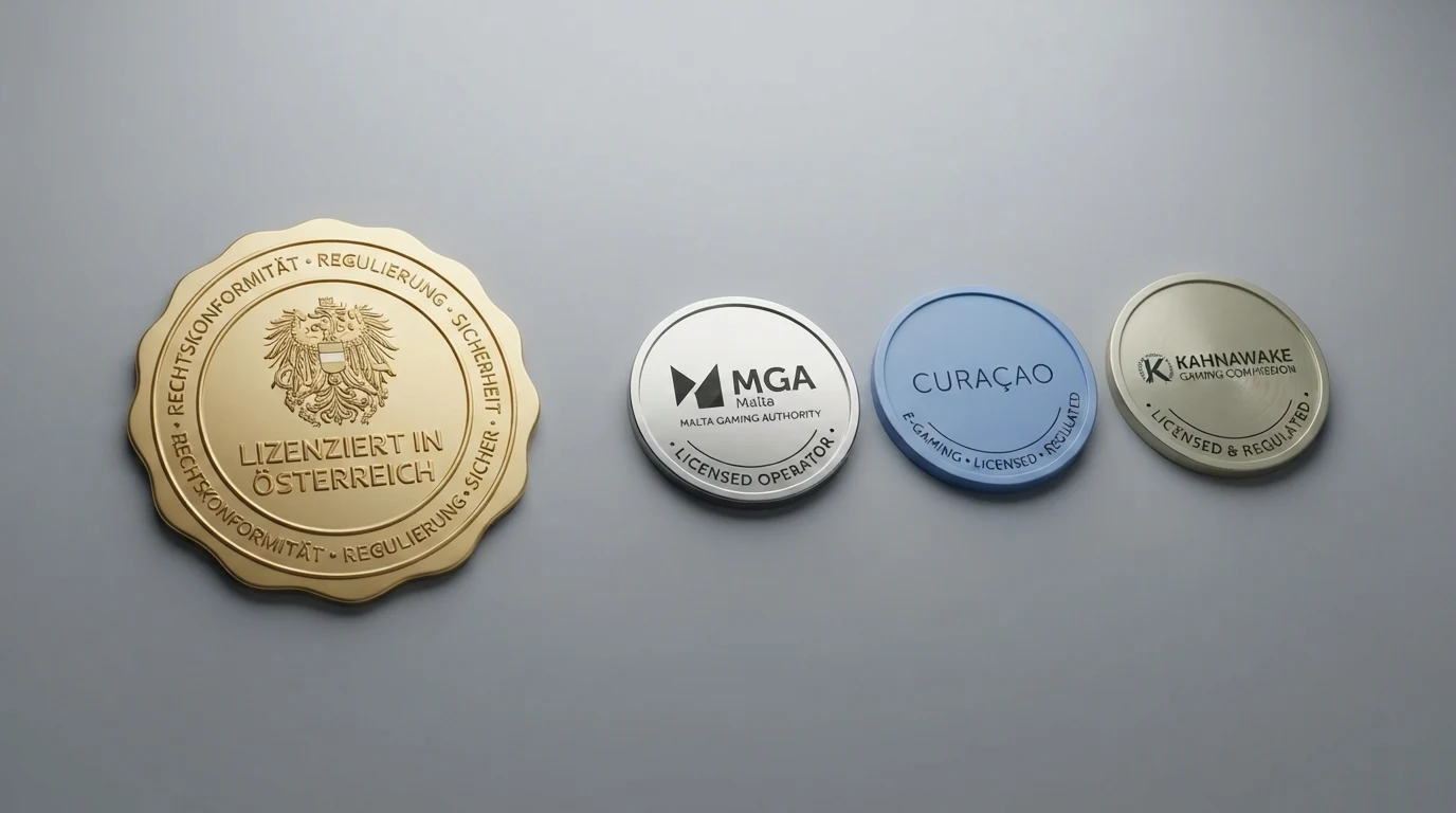 Eine grafische Gegenüberstellung: Auf der linken Seite die österreichische BMF-Konzession mit dem win2day-Logo, rechts internationale Lizenzen (MGA, Curaçao, Kahnawake)