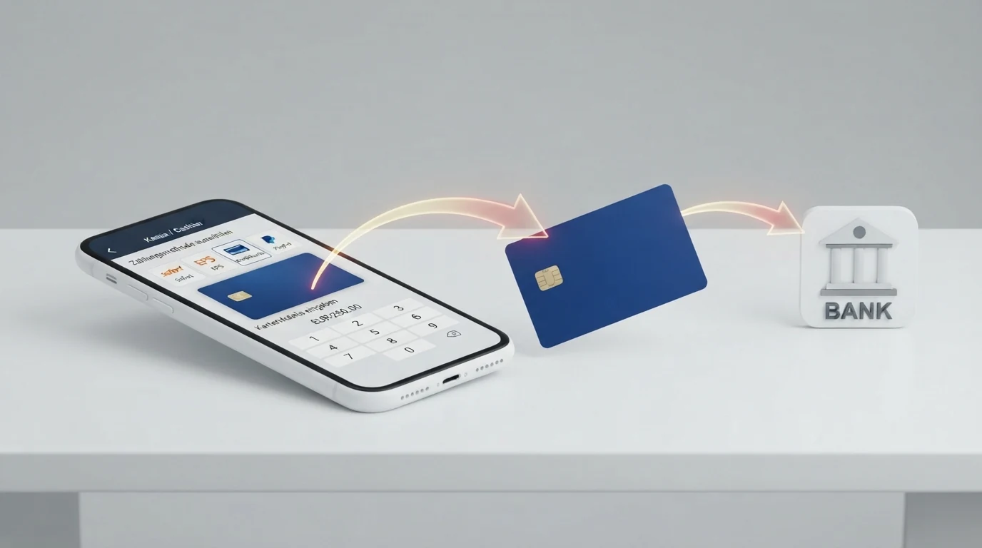 Eine grafische Darstellung des Zahlungswegs: Smartphone mit Casino-App, Pfeil, Mastercard-Logo, Pfeil, Bank — mit Zeitangaben für Einzahlung und Auszahlung