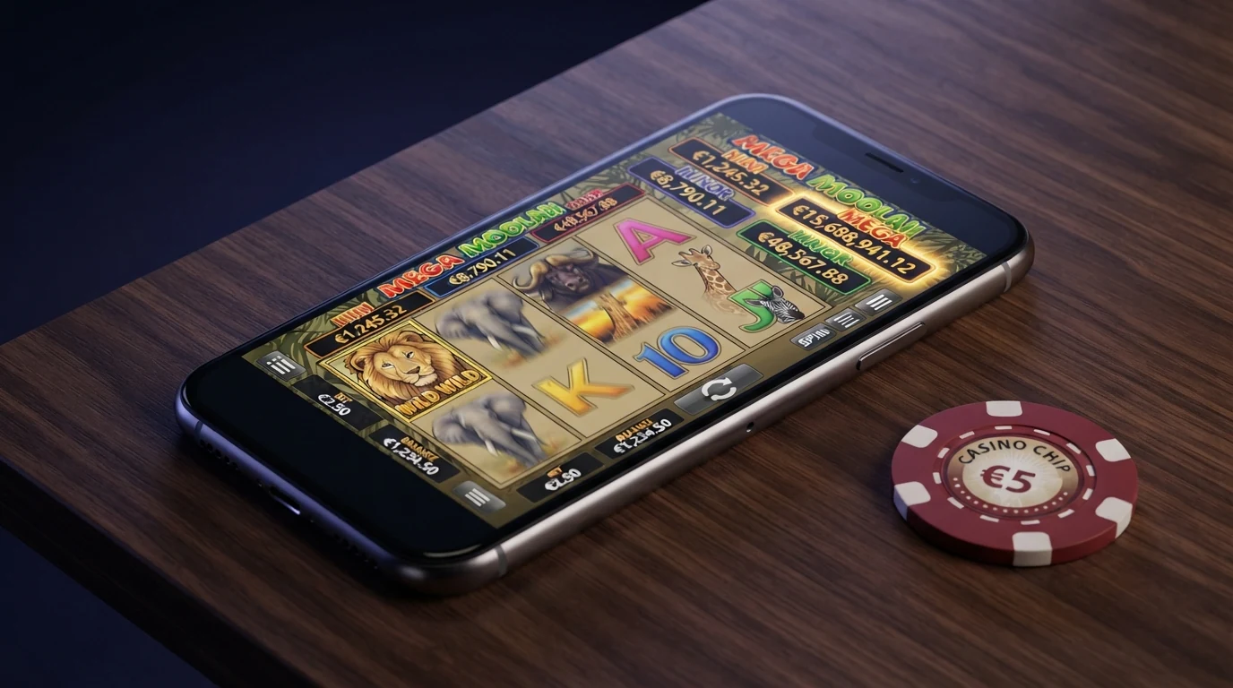 Spielbildschirm von Mega Moolah mit der progressiven Jackpot-Anzeige über den Walzen und der afrikanischen Tier-Thematik