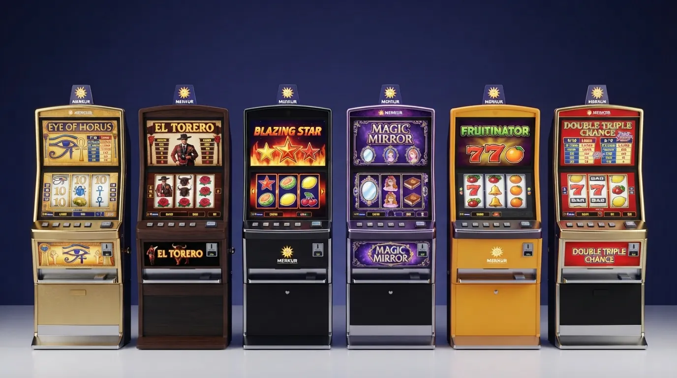 Sechs Merkur-Spielautomaten mit ihren Walzen, Symbolen und sichtbaren Gewinntabellen im Quervergleich