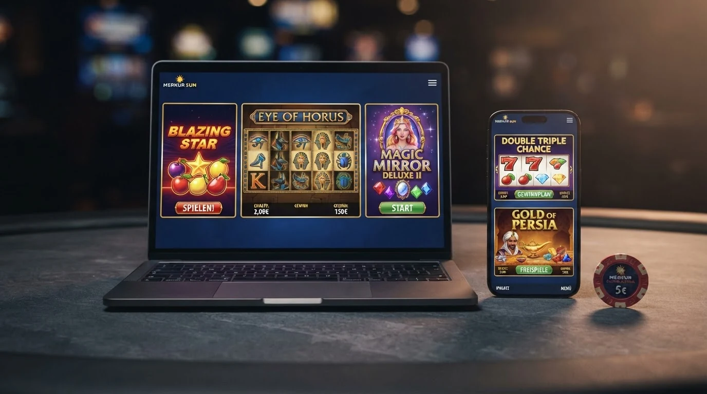 Fünf beliebte Merkur-Slots — Eye of Horus, Blazing Star, Magic Mirror Deluxe II, Double Triple Chance und Gold of Persia — nebeneinander auf einem Smartphone- und Laptop-Bildschirm