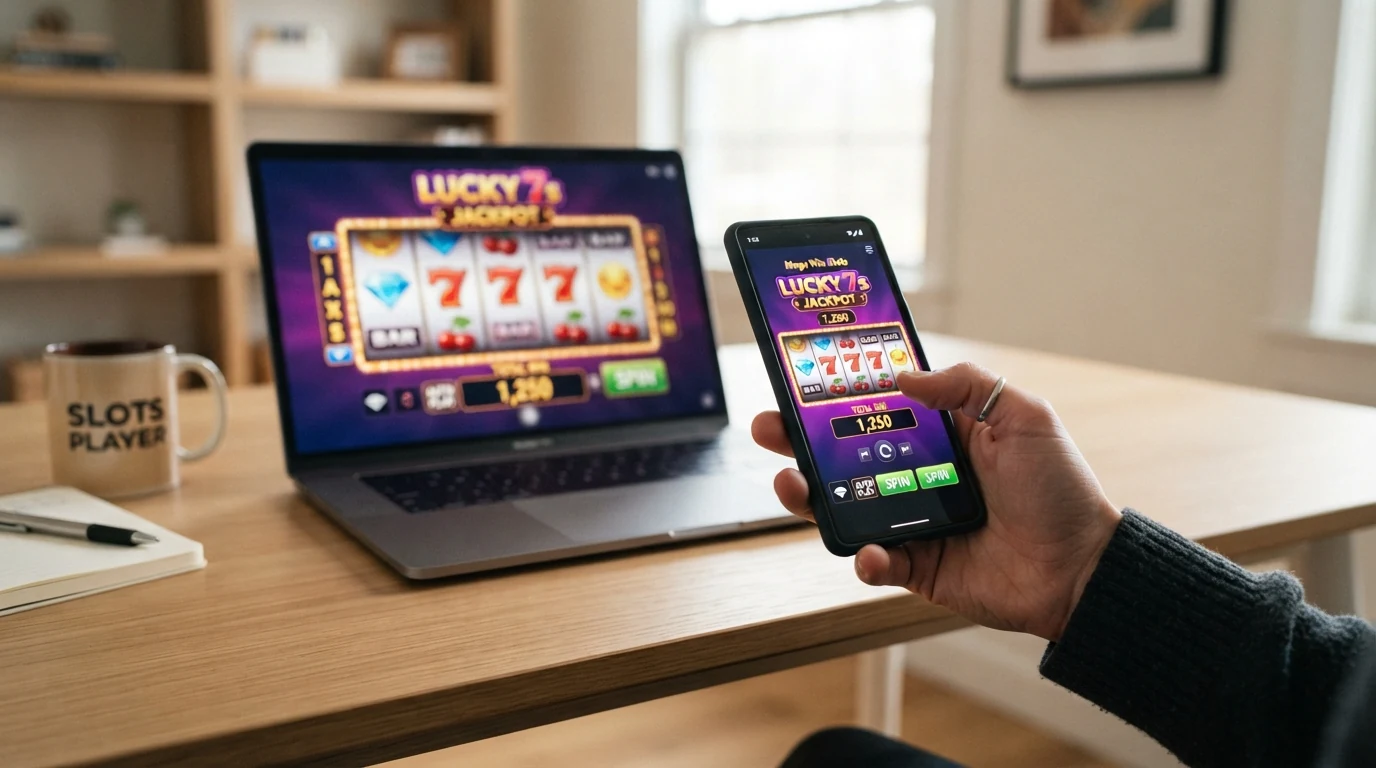 Eine Hand hält ein Smartphone im Querformat, auf dem Bildschirm läuft ein bunter Slot mit sichtbaren Walzen, dahinter ein geöffneter Laptop mit demselben Titel