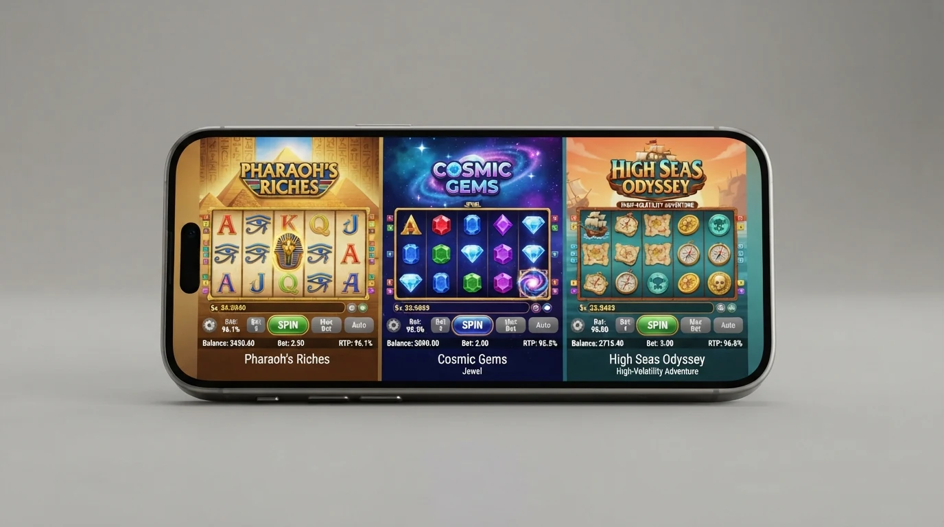 Drei Spielautomaten auf einem Smartphone-Display nebeneinander: Book of Ra, Starburst und Book of Dead