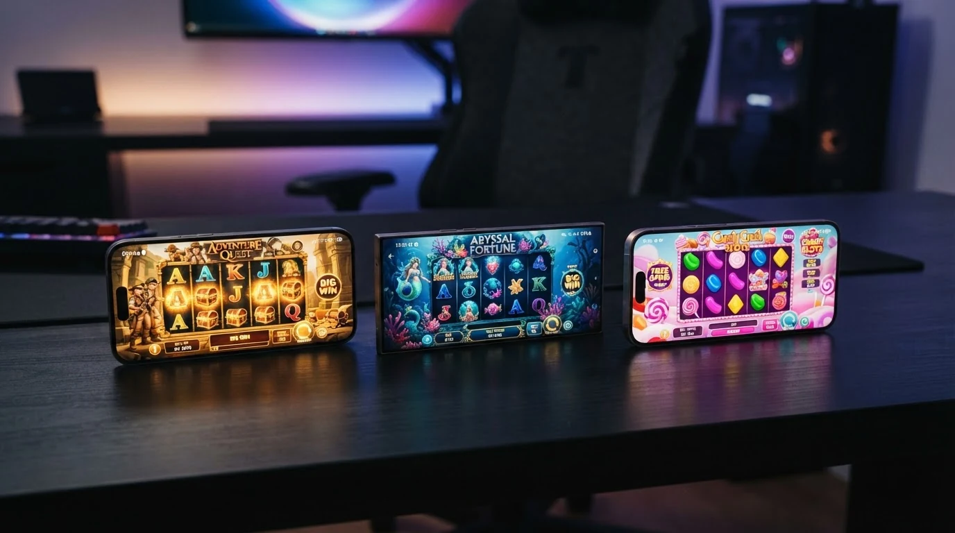 Drei nebeneinander angeordnete Smartphones zeigen Book of Dead, Razor Shark und Sweet Bonanza im Hochformat, ein Finger tippt auf den Spin-Button.