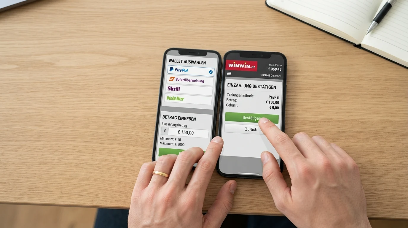 Schritt-für-Schritt-Darstellung einer Neteller-Einzahlung im Online Casino: Wallet-Auswahl, Betragseingabe und Bestätigungsbildschirm