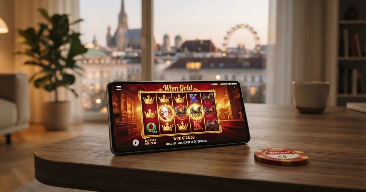Illustration mit österreichischem Lizenzsiegel und Online-Casino-Symbolen auf einem Bildschirm