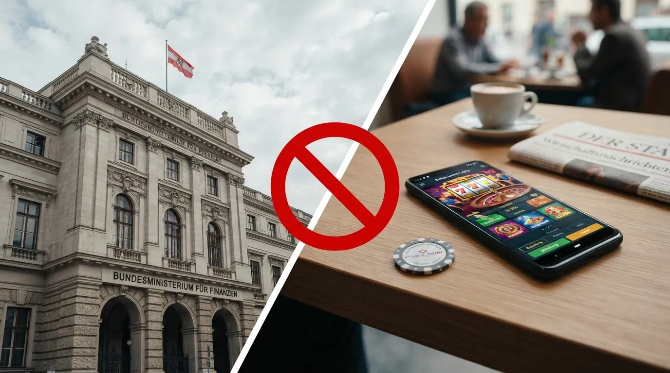 Das Gebäude des Bundesministeriums für Finanzen in Wien neben einem Smartphone mit einer Casino-App, getrennt durch ein durchgestrichenes Warnsymbol für nicht lizenzierte Anbieter
