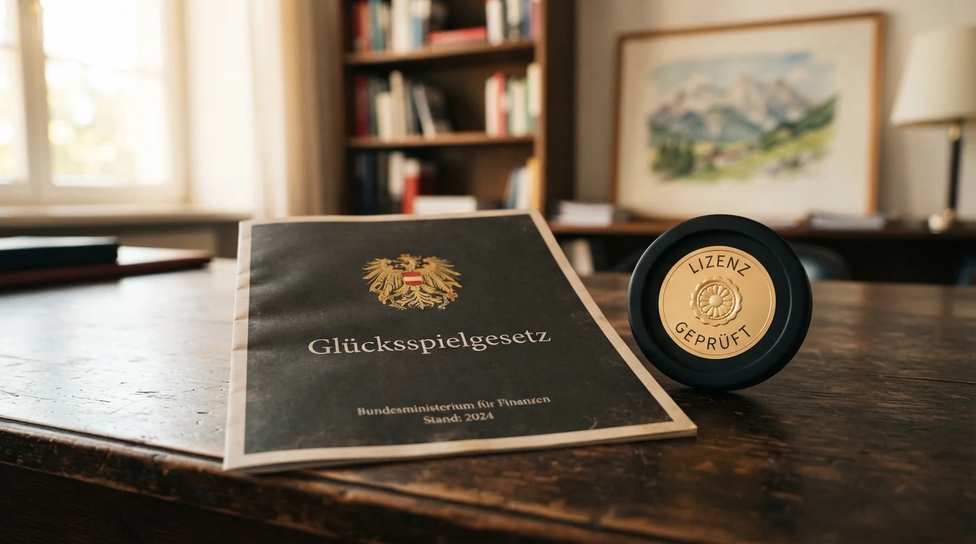 Ein amtliches Dokument mit Bundesadler und dem Titel „Glücksspielgesetz“, daneben ein gerahmter Auszug aus § 12a GSpG