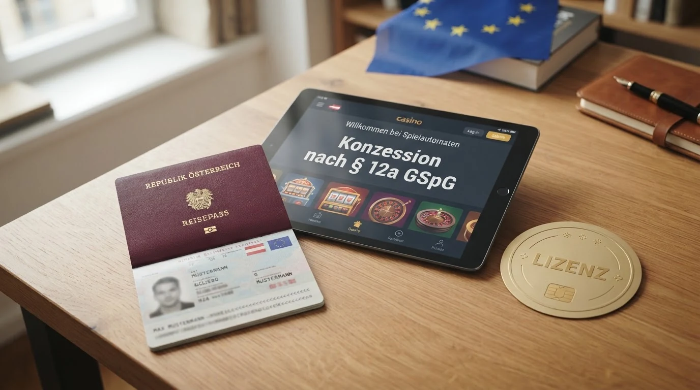 Ein österreichischer Reisepass liegt neben einem Tablet, auf dem das win2day-Logo und der Schriftzug „Konzession nach § 12a GSpG“ zu sehen sind — im Hintergrund ein Paragrafenzeichen und die EU-Flagge.