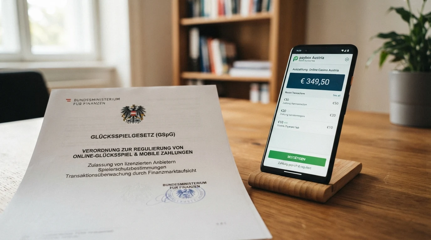 Offizielles Dokument der österreichischen Glücksspielkonzession mit Bundesadler, daneben ein Smartphone mit Revolut-App