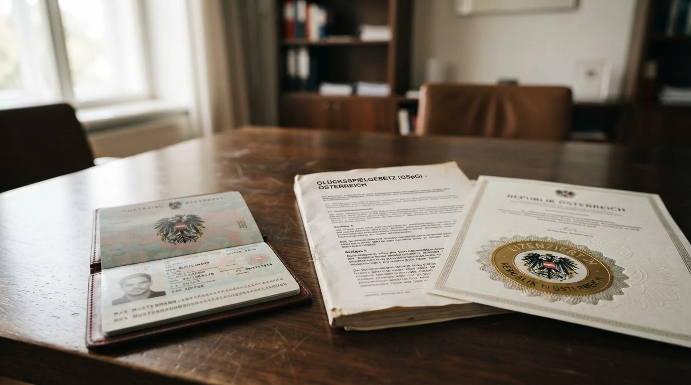 Ein österreichischer Reisepass liegt neben einem aufgeschlagenen Gesetzesdokument mit dem Titel „Glücksspielgesetz“